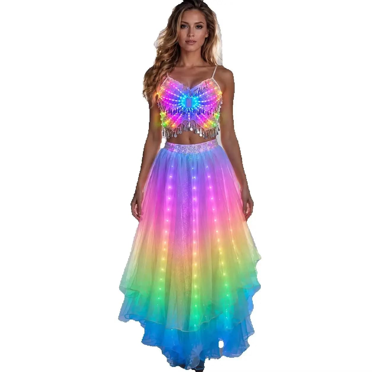 Jupe fendue de danse du ventre pour femmes, lumières de couleur LED, vêtements d'entraînement professionnels Sexy, Costumes de danse
