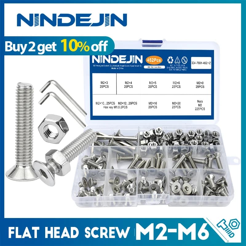 NINDEJIN kit de vis à tête fraisée à douille hexagonale m2 m2.5 m3 m4 m5 m6 jeu de vis et écrou à tête plate en acier inoxydable
