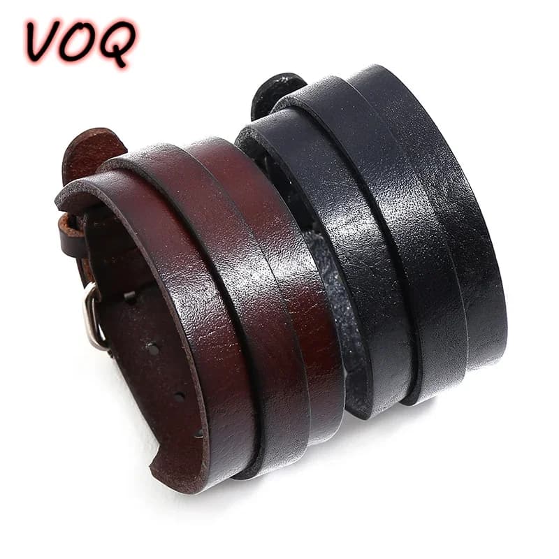 VOQ-Bracelet en cuir réglable pour homme, design punk double couche, manchette large, bijoux joncs, vente en gros