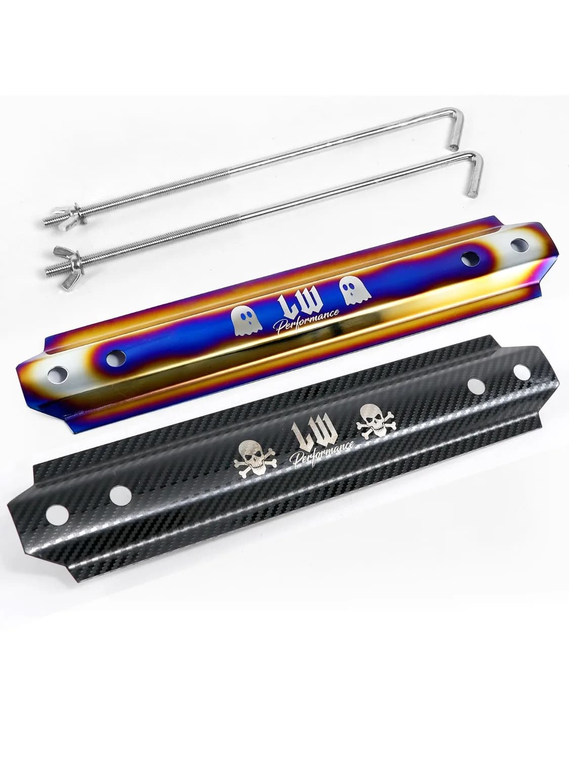 Barre de fixation de batterie en acier inoxydable de haute qualité LW, motif carbone, bleu brûlé, pour voiture universelle