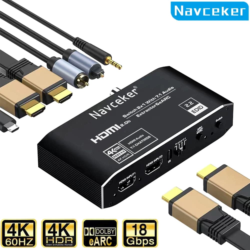 Commutateur HDMI 2x1 4K avec extracteur audio EARC, ARC et Toslink optique, commutateur HDMI 2.0 4K 60Hz, télécommande pour Apple TV PS4