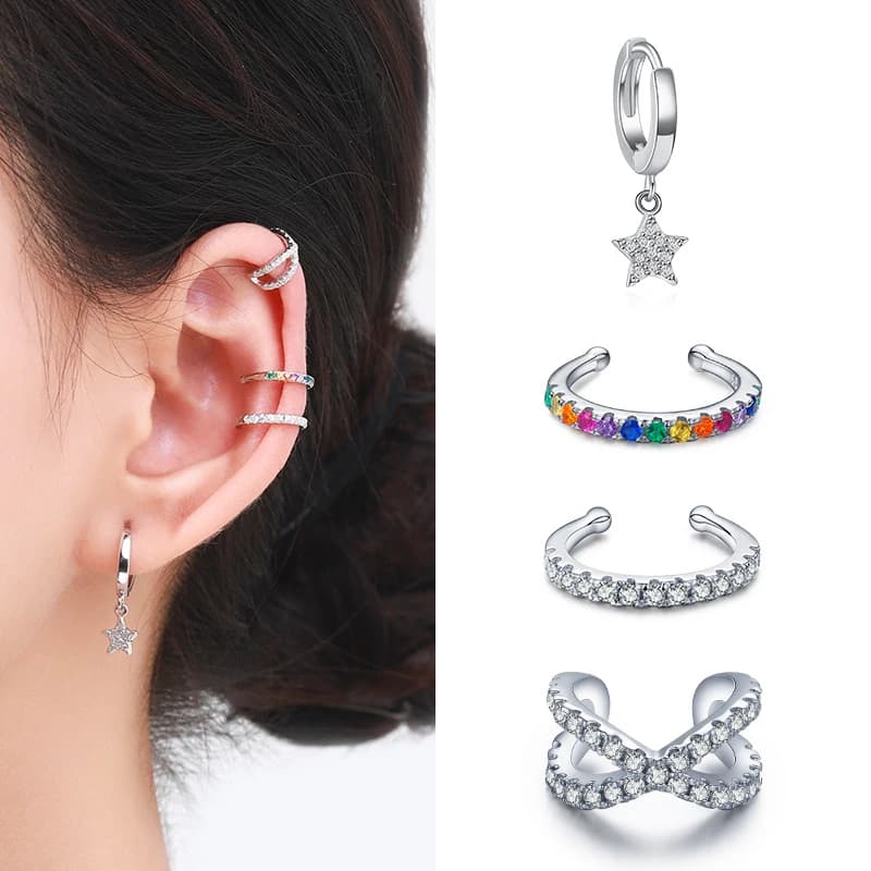 YANLOK-Manchette d'oreille en argent regardé 925 pour femme, boucle d'oreille en forme de C, bijoux géométriques en cristal arc-en-ciel, clips simples, cool, fille
