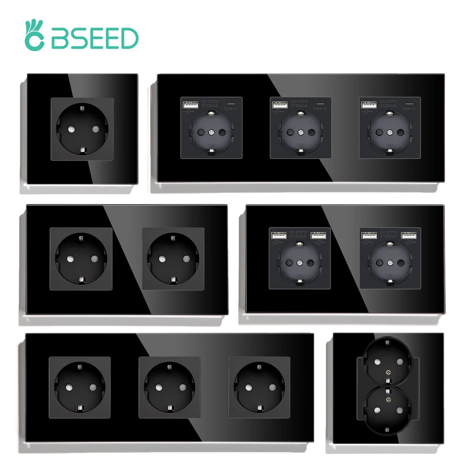 BSEED-Prises murales standard UE, prises simples injustes, doubles prises à cadre noir, panneau en verre, triple prises, protection pour enfants, 16A