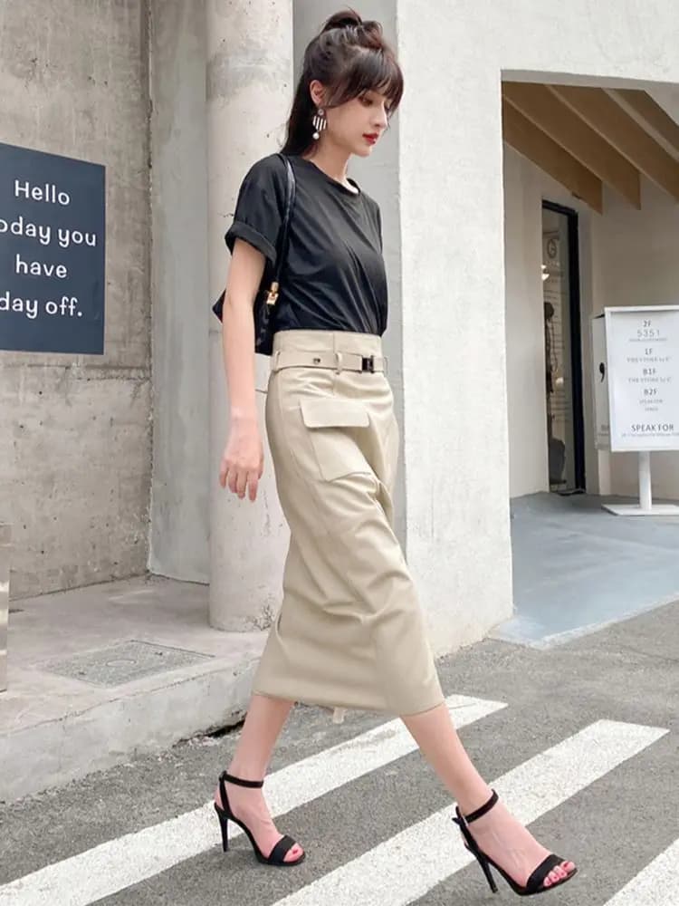 Femmes vêtements 2026 printemps en cuir véritable Falda Midi Mujer peau de mouton Beige taille haute a-ligne Maxi jupe avant fente Style coréen