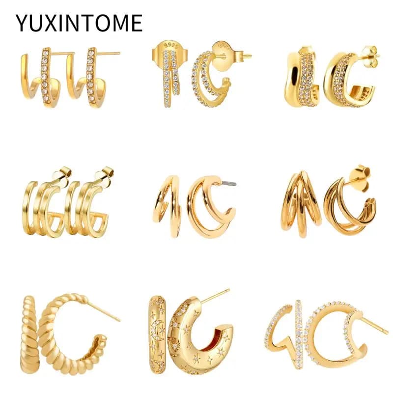 Boucles d'oreilles en forme de C pour femmes, aiguille en argent 925, pavé de cristal, croix, Piercing, bijoux simples