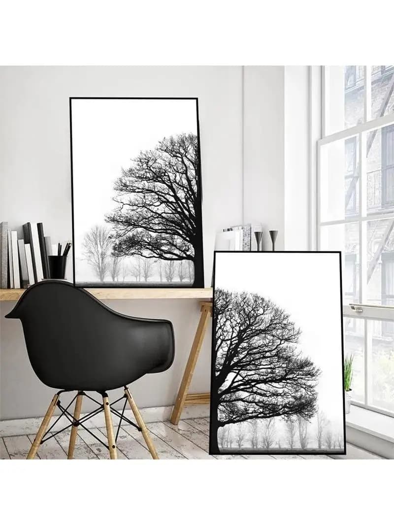 Peinture murale d'arbre d'hiver en noir et blanc, plantes, photos, affiches d'arbre de Style scandinave, décor de maison