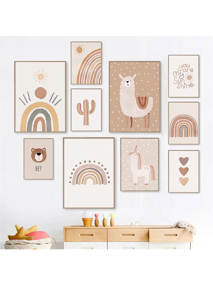 Affiche d'art mural arc-en-ciel, soleil, cœur, Cactus, ours, alpaga, peintures sur toile, affiches de licorne imprimées pour pépinière, image Boho, décor de chambre de bébé