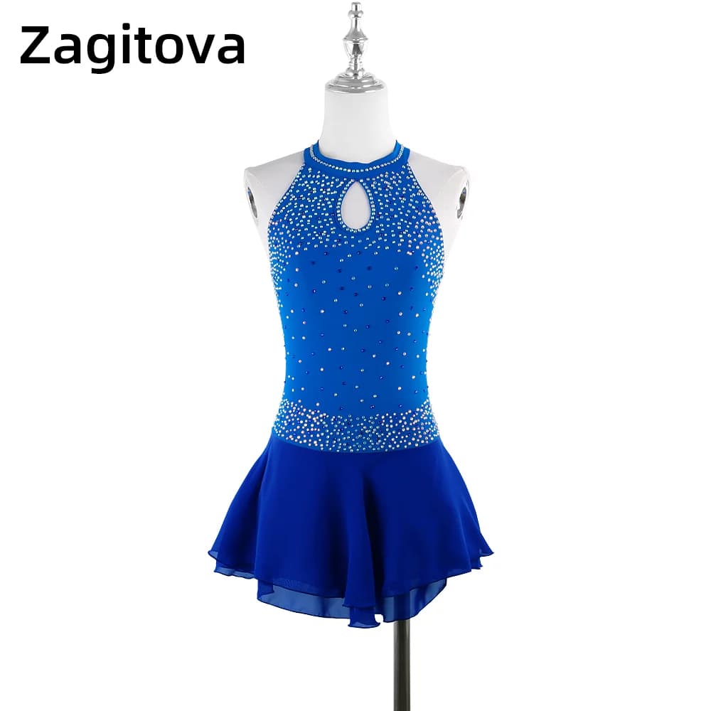 Robe de patinage artistique personnalisée pour femmes et filles, vêtements de patinage sur glace, ceinture en fibre avec biscuits, saphir