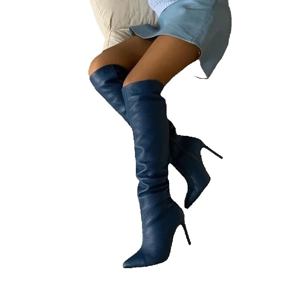 Surkova-Bottes hautes à talons hauts pour femmes, chaussures de gladiateur, bleu marine, sexy, pointues, zippées, hauteur genou, concis, taille 46
