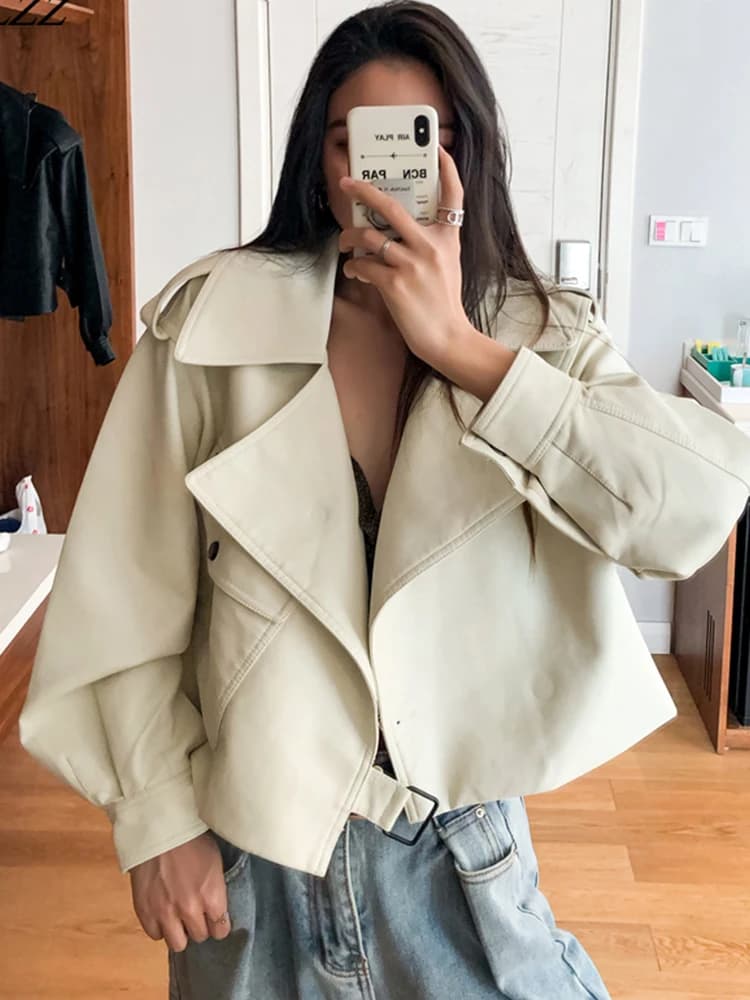 FTLZZ-Veste Courte en Faux Cuir pour Femme, Manteau Punk de Moto à Revers, Streetwear, Solide, Nouvelle Collection Printemps-Automne