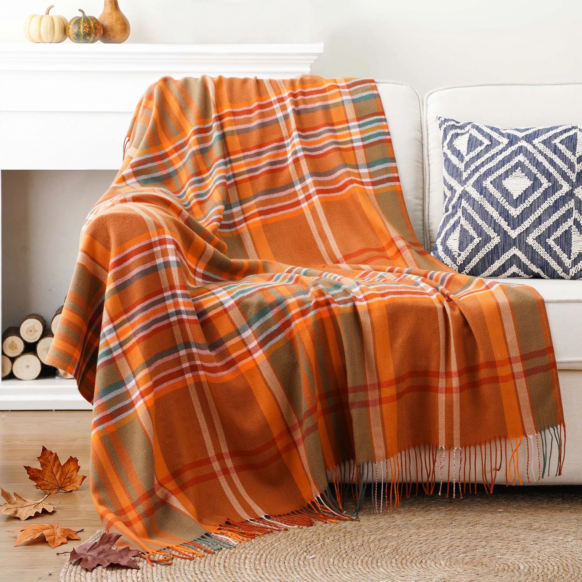 Couverture plaid Battilo pour canapé, orange, légère, couverture d'automne avec pompons, couverture tricotée pour la décoration intérieure