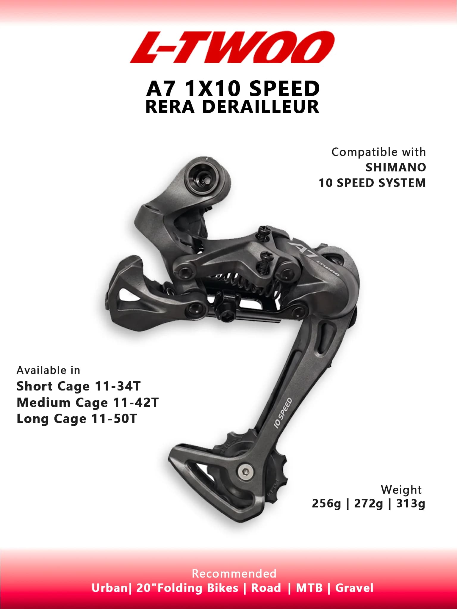 Dérailleur arrière LTWOO A7 10 vitesses pour VTT, compatible DEORE