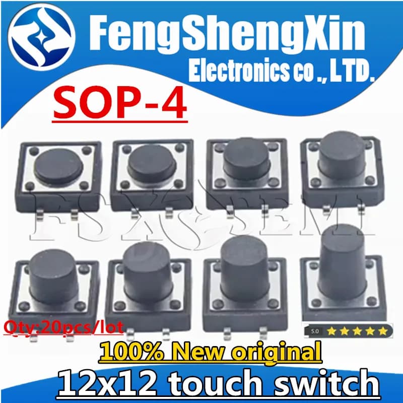 20 pièces Interrupteur tactile SMD 12x12 Bouton poussoir Micro-interrupteur SOP 4 broches 12x12x4.3/5/6/7/8/9/10/11/12H 12*12*4.3/5/6/7/8/10/11/12/16/17H