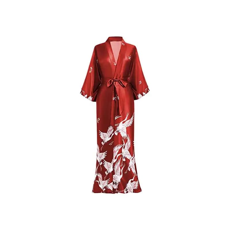 Peignoir kimono imprimé grue pour femme, robe de mariée, chemise de nuit en satin doux adt, vêtements de nuit à col en V, vêtements de nuit longs fantaisie