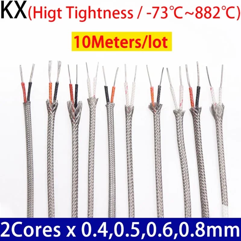 Câble de compensation isolé en acier inoxydable avec gaine tressée en fibre, fil de thermocouple de type KX 2 conducteurs x 0,4 0,5 0,6 0,8 mm, 10 m