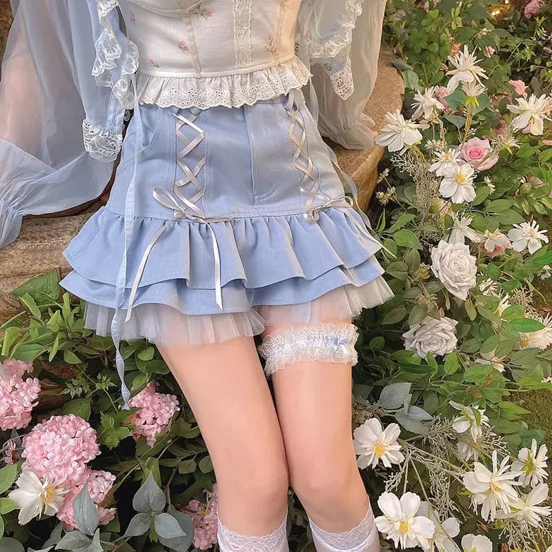 Mini jupe japonaise Kawaii pour femmes, jupe bandage en dentelle taille haute, jupe Sweet Y2K, élégante, sexy, décontractée, designer, été, 2024
