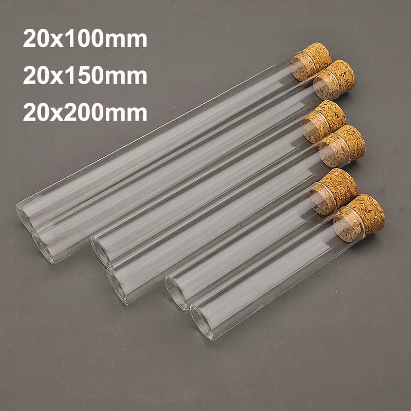 5-10-20 pièces 20x100mm / 20x150mm / 20x200mm Tube à essai en verre épais à fond plat de laboratoire transparent avec bouchons en liège