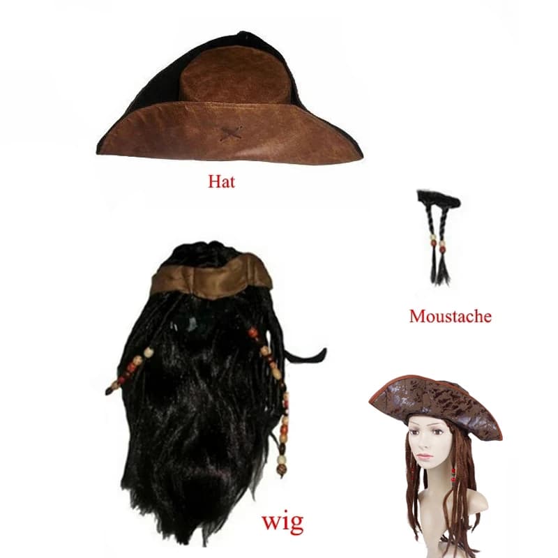 Costume d'halloween pour hommes et femmes adultes, perruques de capitaine de Pirate Jack Sparrow, chapeau barbe, accessoires de visage de fête Cosplay de noël