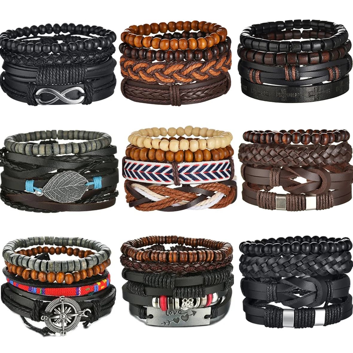 Nouveau à la mode rétro 4 pièces/ensemble Bracelets et Bracelets hommes multicouche en cuir noir bijoux charme Pulseiras petit ami Bracelet