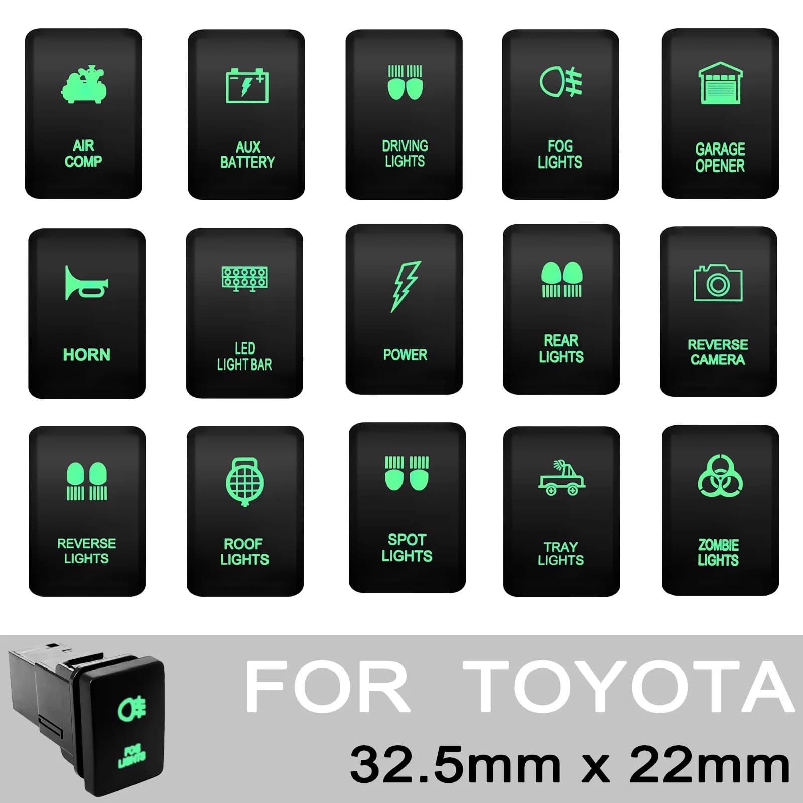 Interrupteur poussoir lumineux Led vert double 12V, bouton de verrouillage avant/arrière pour Toyota Landcruiser RVA4 Hilux Tundra 4runner