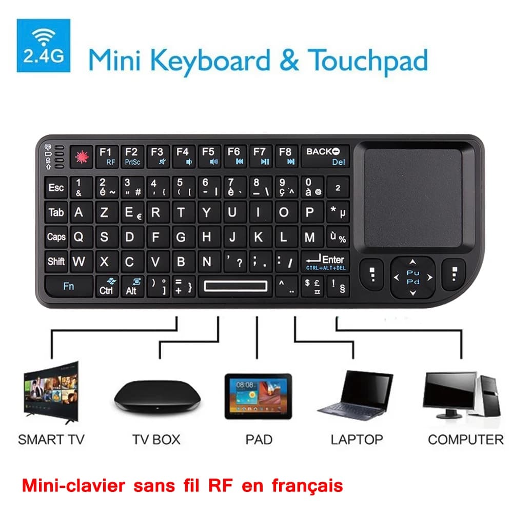 Mini 2.4G RF Wireless Keyboard Spanish Keyboard Backlight Touchpad Smart Tv Boxclavier sans fil 2.4G RF, espagnol, français, russe, anglais, rétroéclairé, pavé tactile, souris pour PC, ordinateur