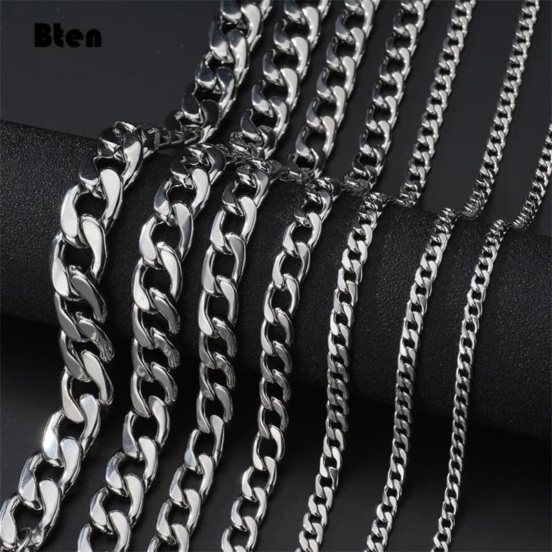 BTEN 1 pièce largeur 3mm/5mm/7mmCurb chaîne à maillons cubains collier pour hommes femmes basique Punk chaîne en acier inoxydable Sautoirs