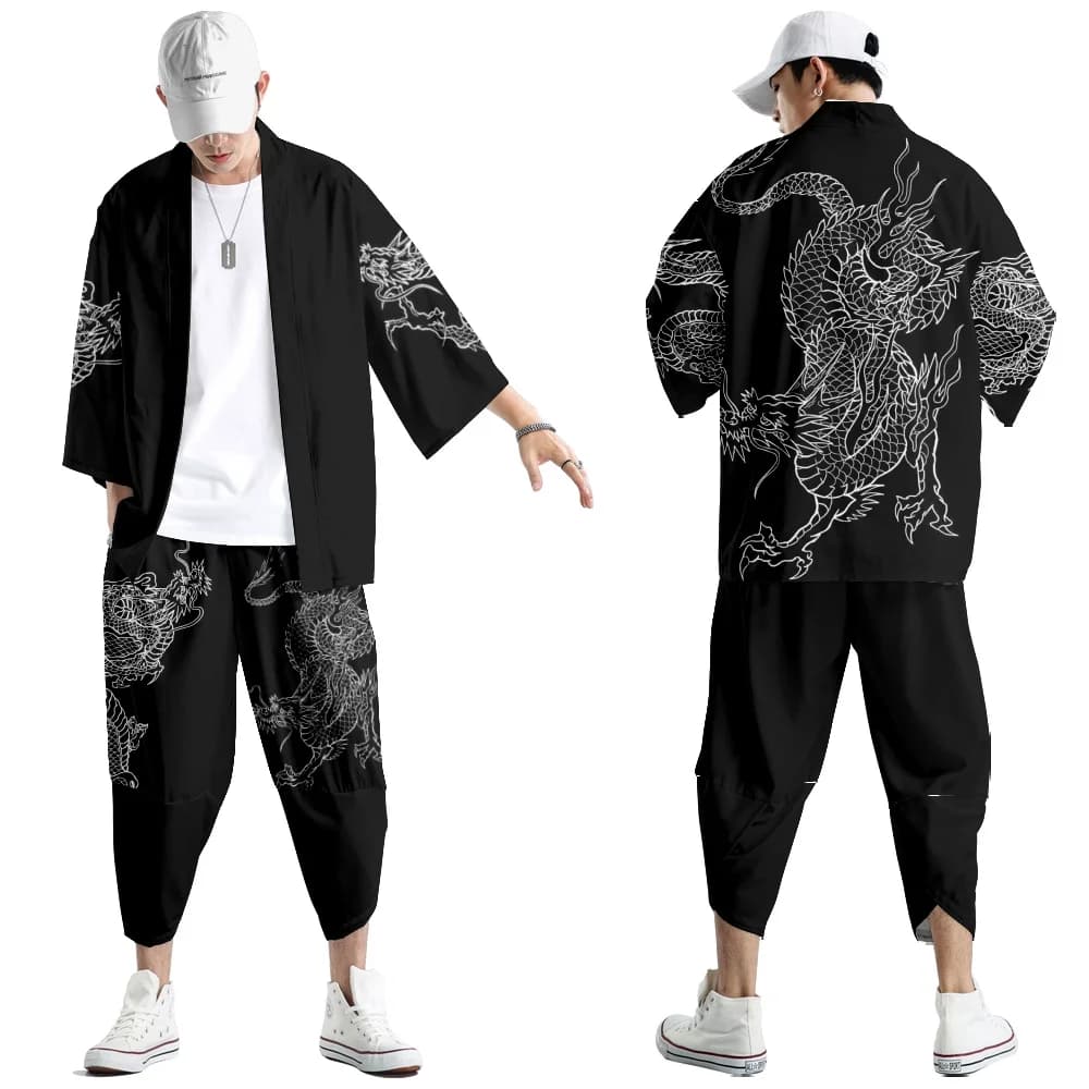 Robe Harajuku, vêtements asiatiques tendance, kimono imprimé dragon anime + pantalon, streetwear japonais pour hommes et femmes, cardigan cosplay Haori