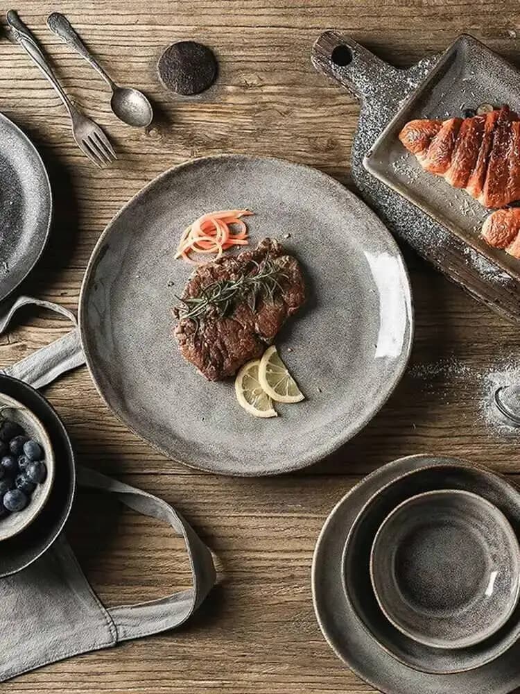Assiette à dîner en céramique japonaise, bol à riz, plateau alimentaire, vaisselle rétro grise, assiette en porcelaine pour fruits, salades, sushis, vaisselle de table