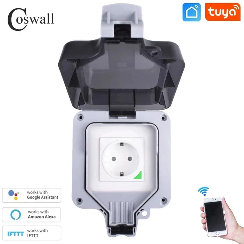 Coswall-Prise UE étanche IP66, Tuya, Smart Life, WiFi, commande vocale, minuterie, interrupteur programmable, fonctionne avec Alexa, Google Home
