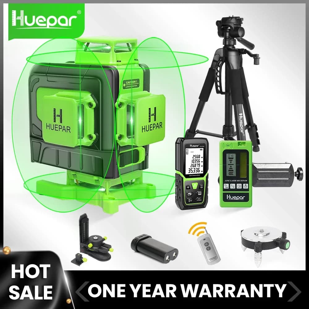 Huepar 4D 16 lignes lignes transversales niveau Laser lignes de faisceau vert multifonction et télécommande avec batterie Li-ion pour carrelage sol