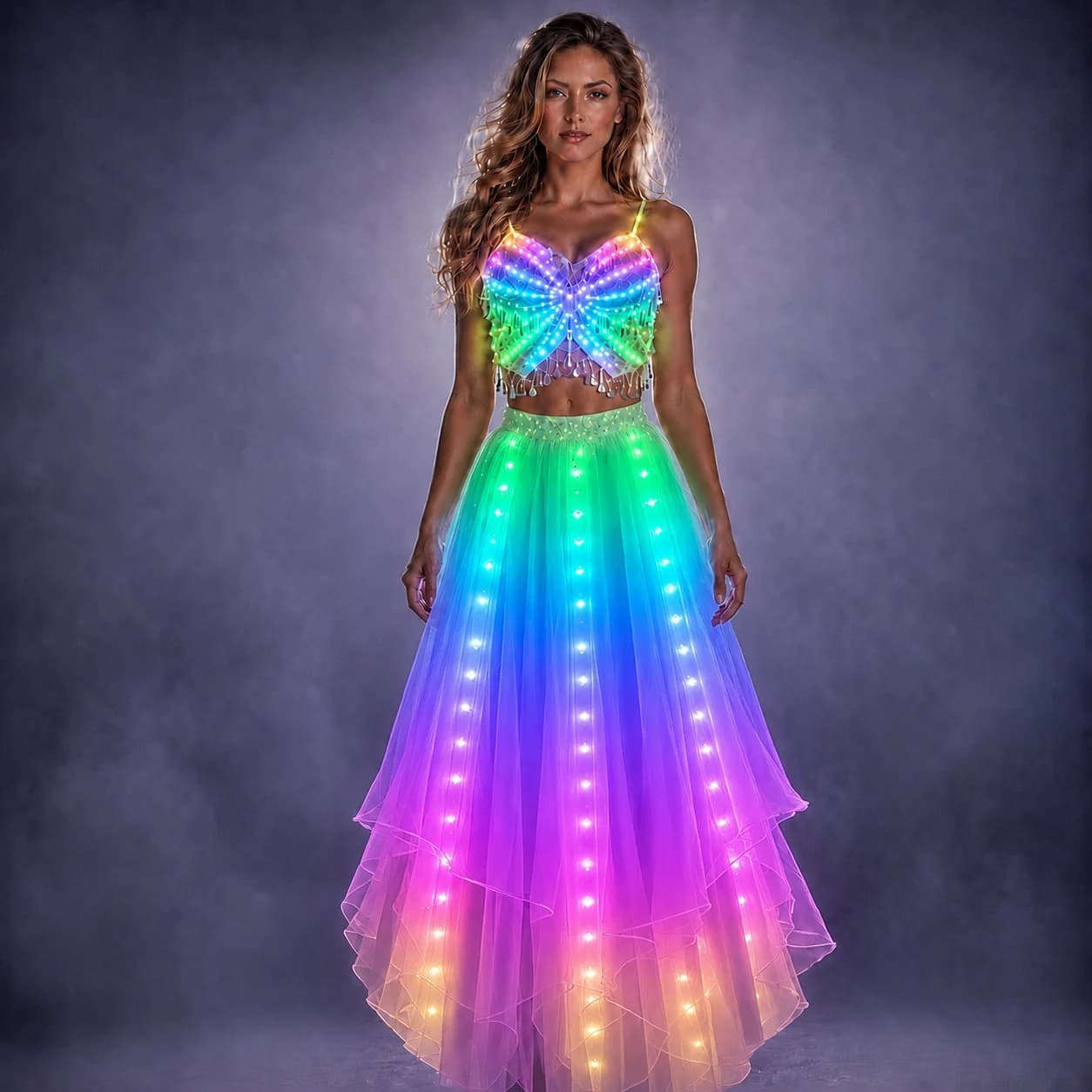 Jupe fendue de danse du ventre pour femmes, lumières de couleur LED, vêtements d'entraînement professionnels Sexy, Costumes de danse