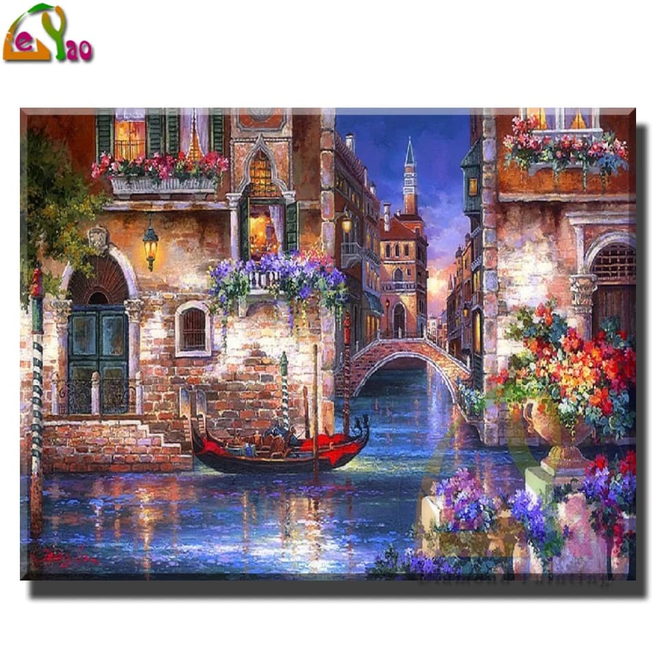 Peinture diamant complète, pont de ville, rivière, point de croix, biscuits, broderie, soirée, paysage de Venise, mosaïque, décoration d'intérieur