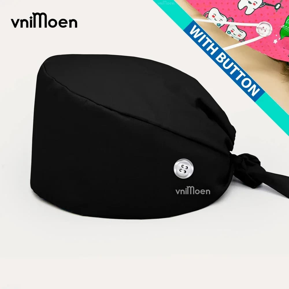 Bonnet de travail chirurgical noir unisexe avec bouton, bonnet d'allaitement 100% coton, chapeau UC pour femme, hôpital pour animaux de compagnie, dentiste, spécialiste
