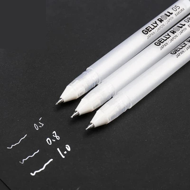 1 stylo gel Sakura Gelly Roll couleur blanche 0,5/0,8/1,0 mm, marqueur haute luminosité, stylo pour peinture artistique sur carton noir, stylos à ligne blanche