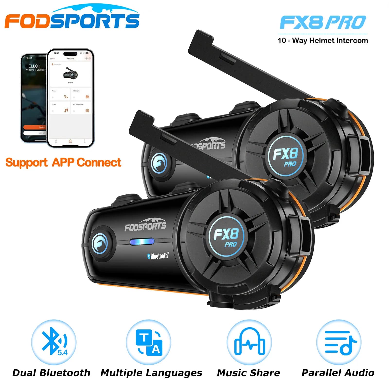 2 pièces Fodsports FX8 PRO Intercom Bluetooth pour casque de moto, connexion via application, double cœur BT5.4, pour communication moto 8 voies
