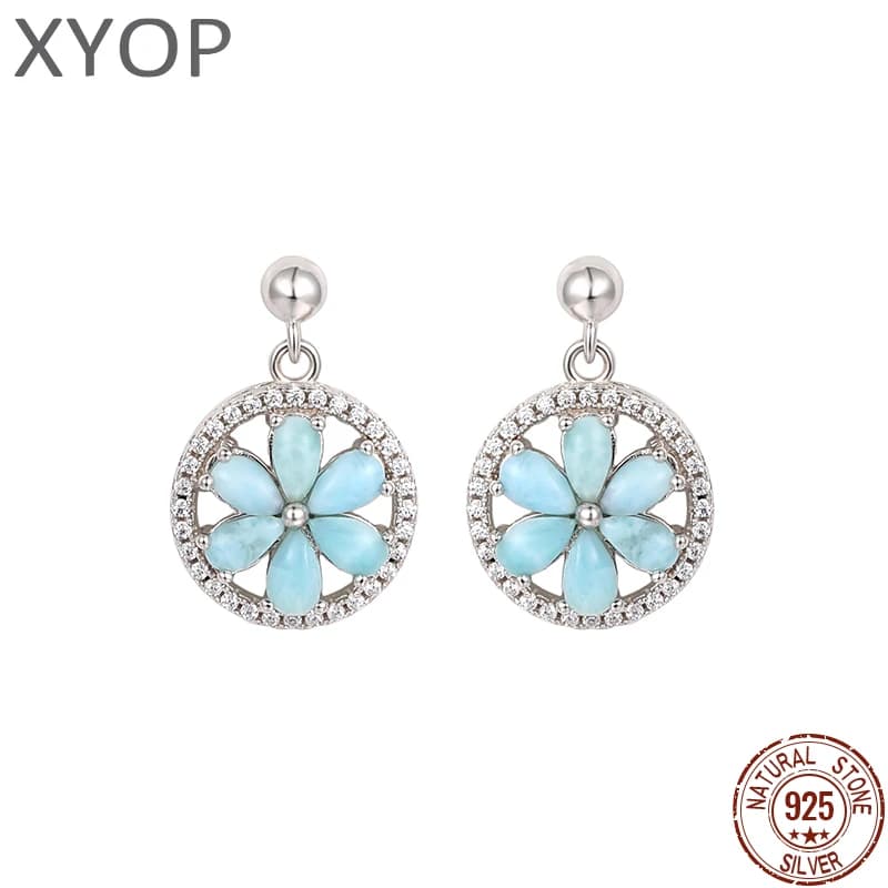 Boucles d'oreilles rétro fleur naturelle précieuse Larimar pour femmes, breloque à la mode, bijoux en argent Sterling 2021, cadeau classique, 925