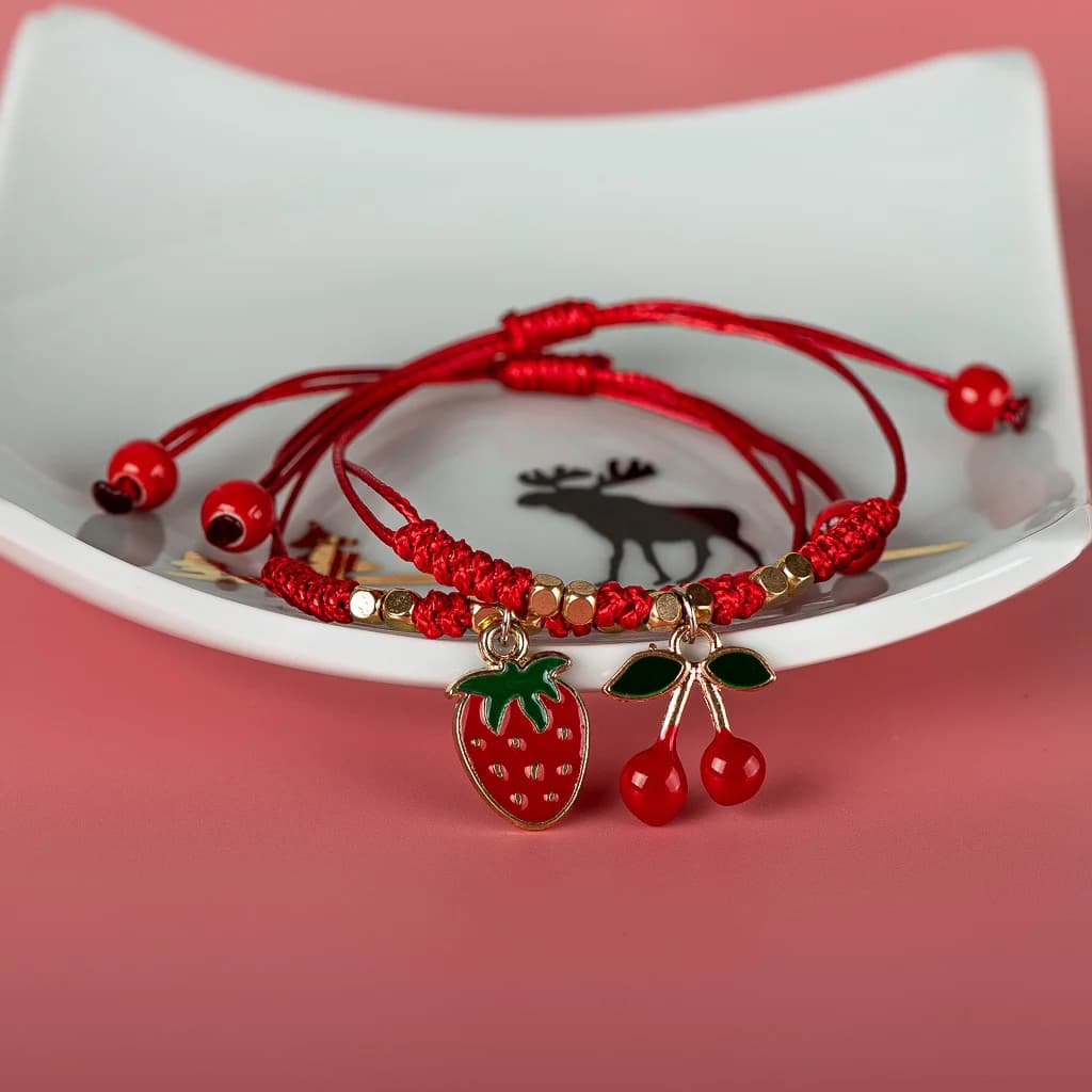 Accessoires en alliage de fruits de dessin animé fraise cerise, Bracelet tricoté à la main, accessoire pour fille, vente en gros # 82612