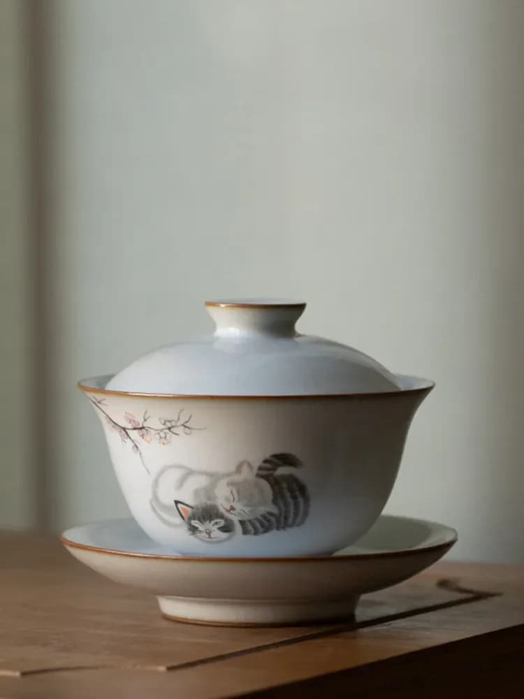 Gaiwan-Service à thé traditionnel en céramique, four Ru, bol à soupière, fait à la main, motif de chat, tasse à thé, voyage, portable, maison, verres, 160ml