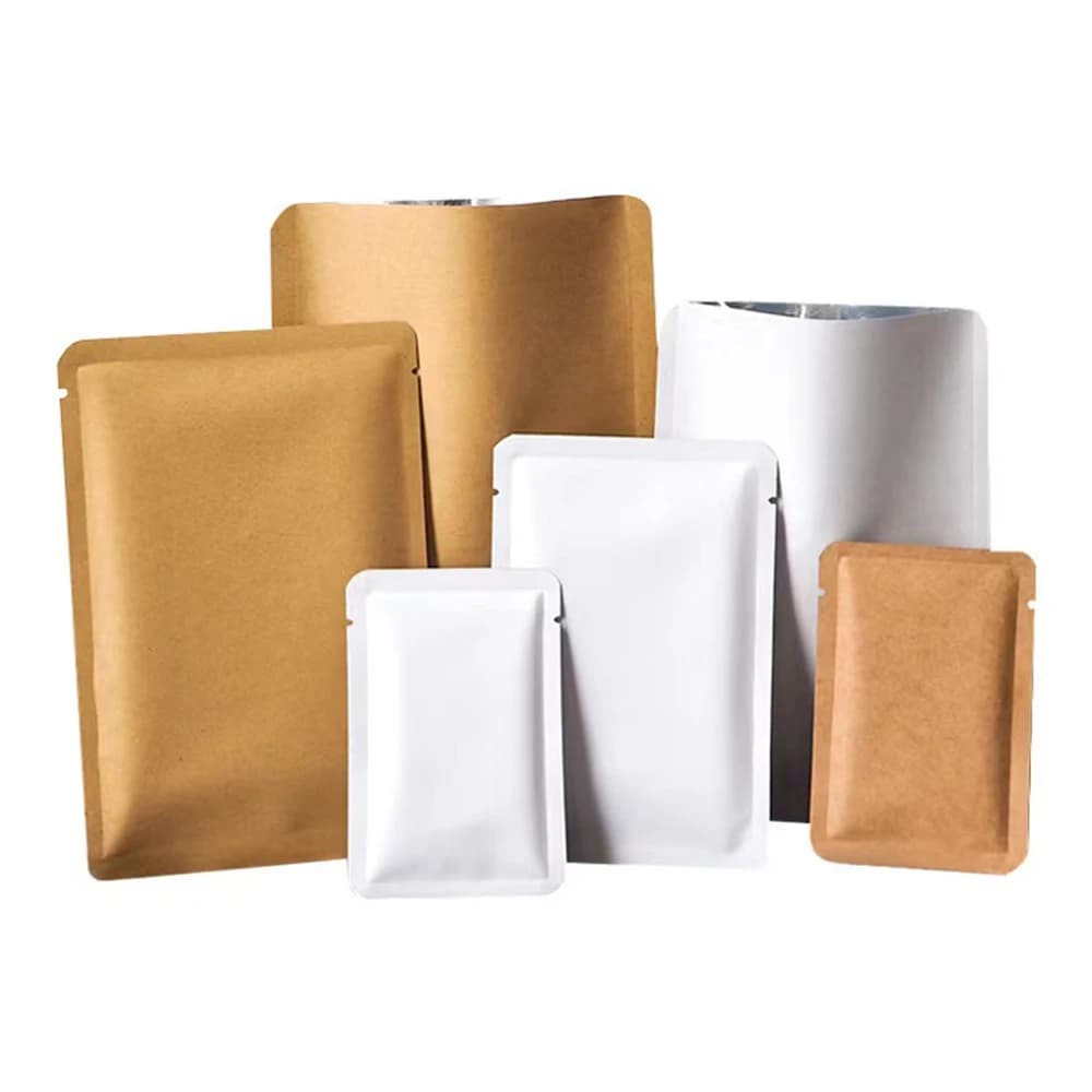 100 pièces blanc marron papier Kraft feuille d'aluminium sac supérieur ouvert thermoscellé encoche de déchirure aliments moulu café grain stockage pochettes d'emballage