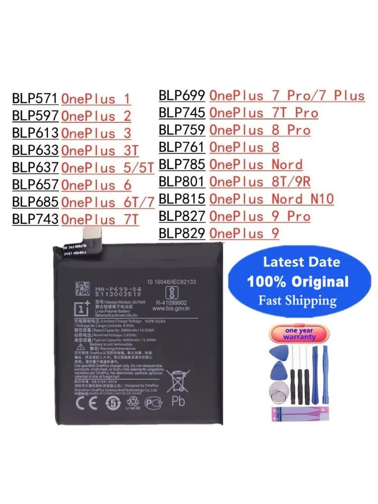 Nouvelle batterie d'origine pour OnePlus 1 2 3 3T 5 5T 6 6T 7 Pro Plus 7Pro 7Plus 7T Pro 8 Pro 8 Nord 8T 9R Nord N10 9 Pro