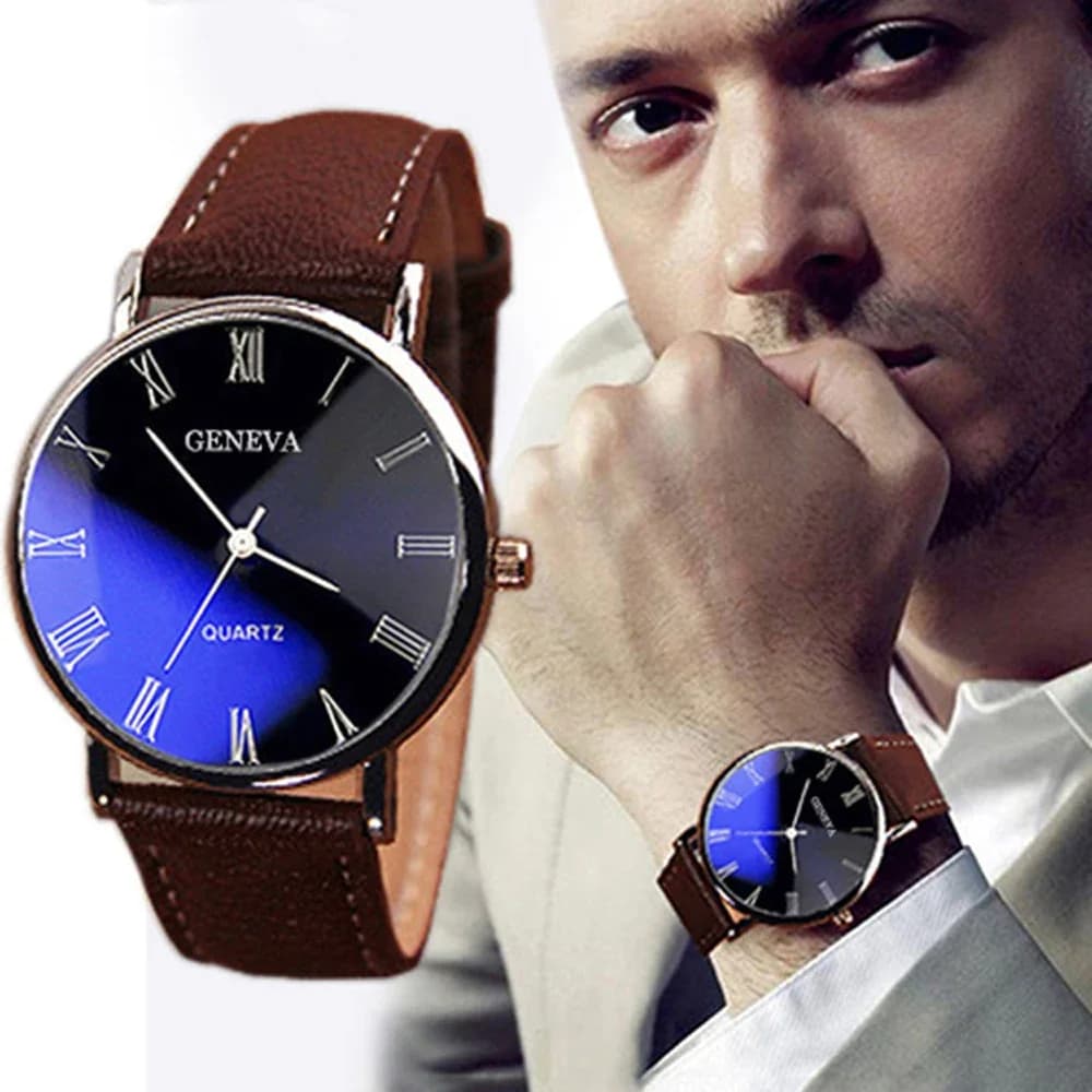 Nouvelle Montre Homme Genève 2026 en Promotion, Chiffres Romains, Bracelet en Similicuir Bleu, Quartz Analogique, Montre-Bracelet d'Affaires
