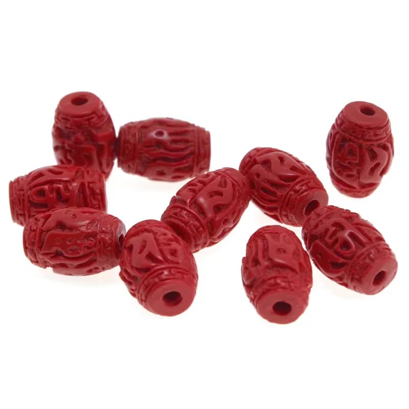 10/20 pièces, perles en forme de baril en cinabre rouge naturel sculpté, perles d’espacement à utiliser pour la fabrication de bracelets et de boucles d’oreilles faits à la main, idéales pour la