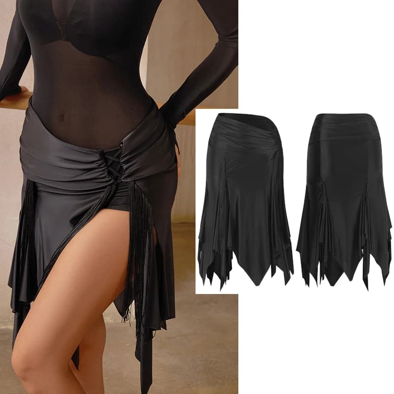 Jupe de danse latine Sexy pour femmes, glands noirs, vêtements d'entraînement pour adultes, jupe à franges fendue, Cha Cha Samba Rumba, Costume de danse DNV24648