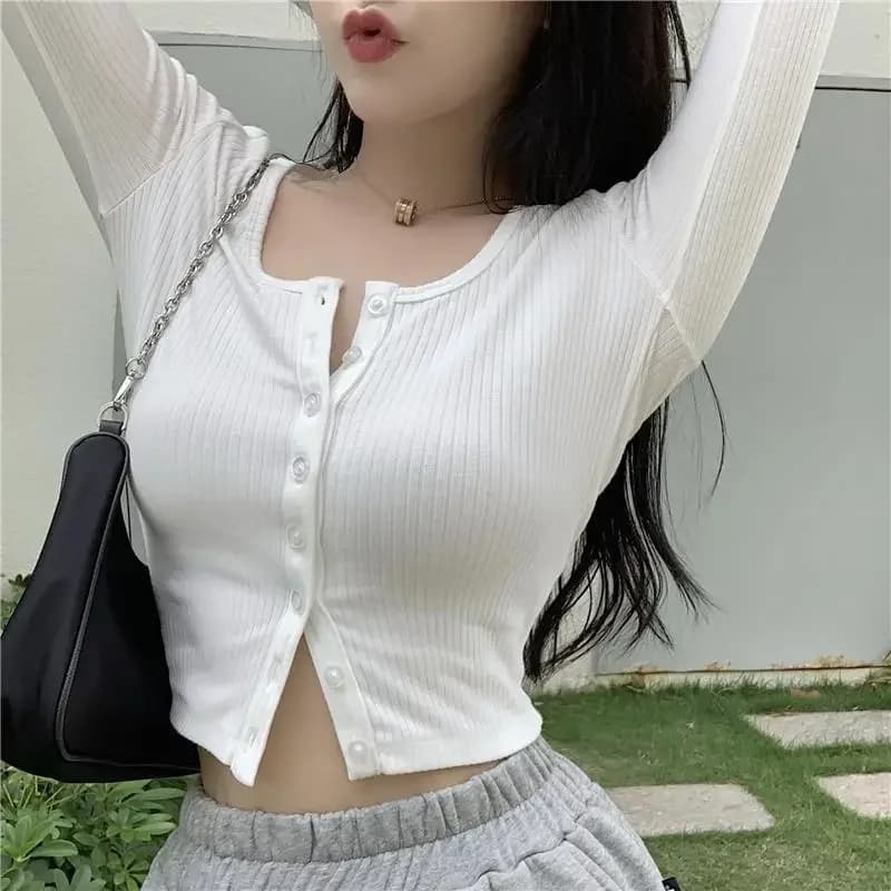 Lucyever-Cardigan court coréen pour femme, coupe couvertes, simple boutonnage, pull en tricot pour femme, manches longues, monochromatique, sexy, Y-Female