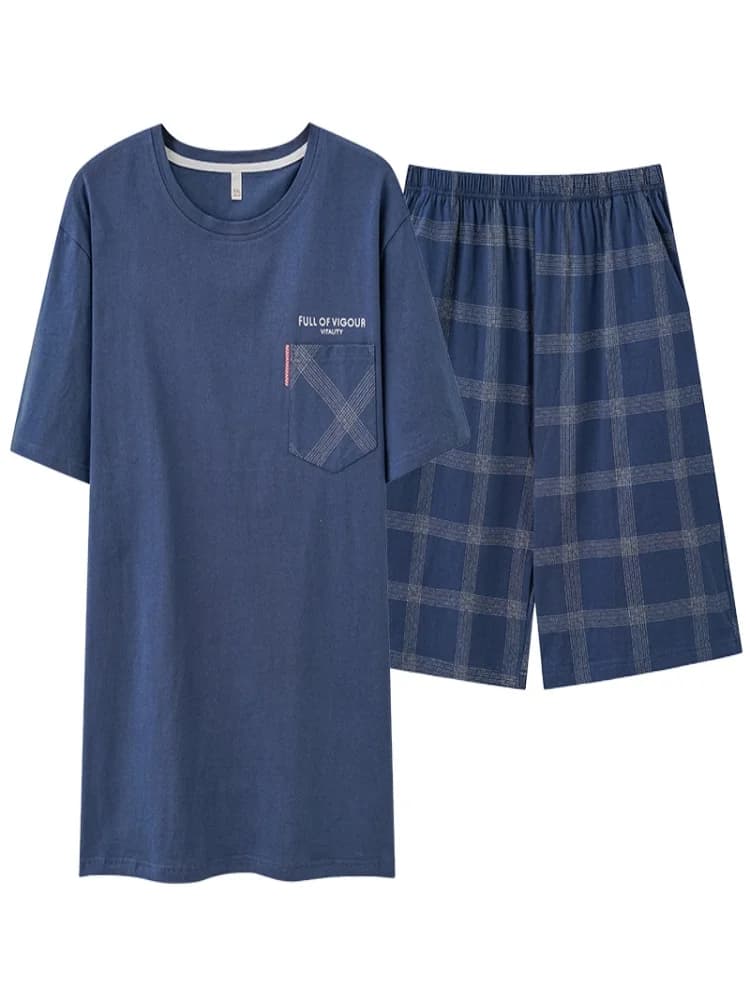 Ensemble de pyjamas en coton pour hommes, pyjama à manches courtes et col rond, vêtements de nuit pour hommes, vêtements de maison, printemps et été