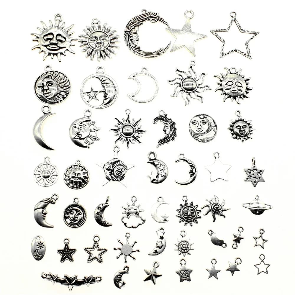 WYSIWYG-Breloques en Alliage de Zinc et Argent Antique, Mélange Aléatoire de Styles, Soleil, Lune, Étoile, Artisanat Fait à la Main pour Bijoux de Direction, 40g