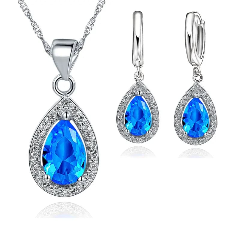 Classique femmes goutte d'eau cristal pendentif colliers goutte ensemble de boucles d'oreilles pour mariage 925 en argent Sterling ensembles de bijoux de mariée