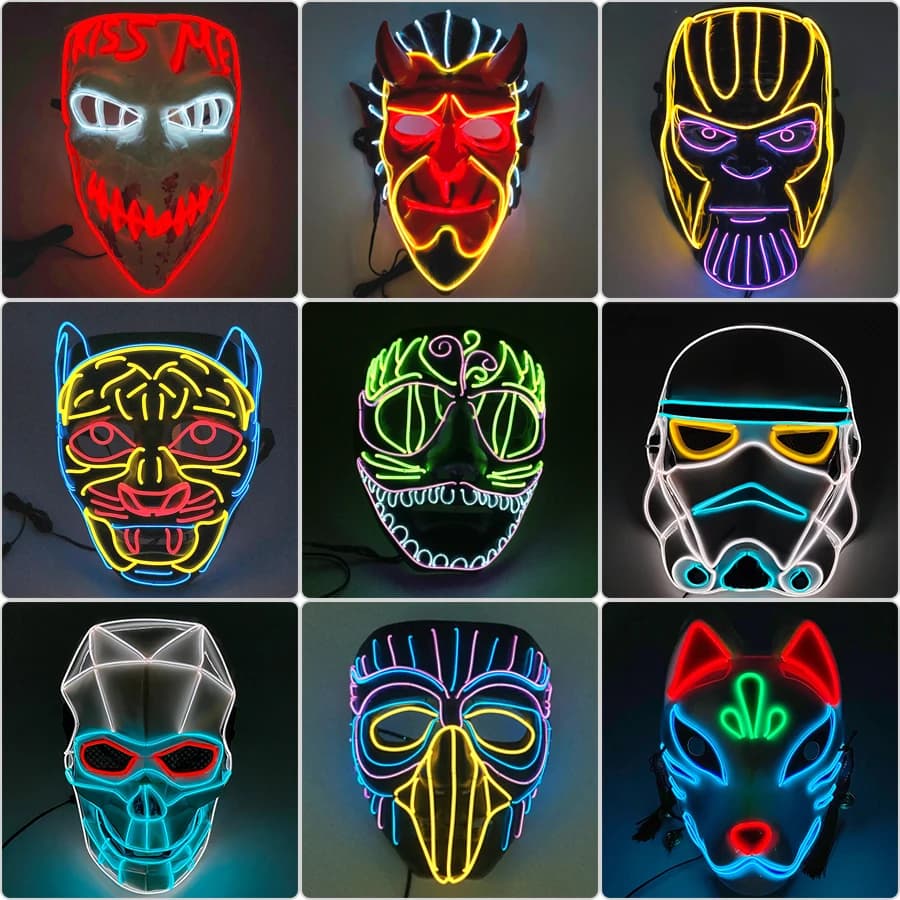 Masque de Cosplay Anime brillant, personnages de dessins animés, monstres effrayants, animaux féroces, masque néon lumineux en fil EL pour adultes