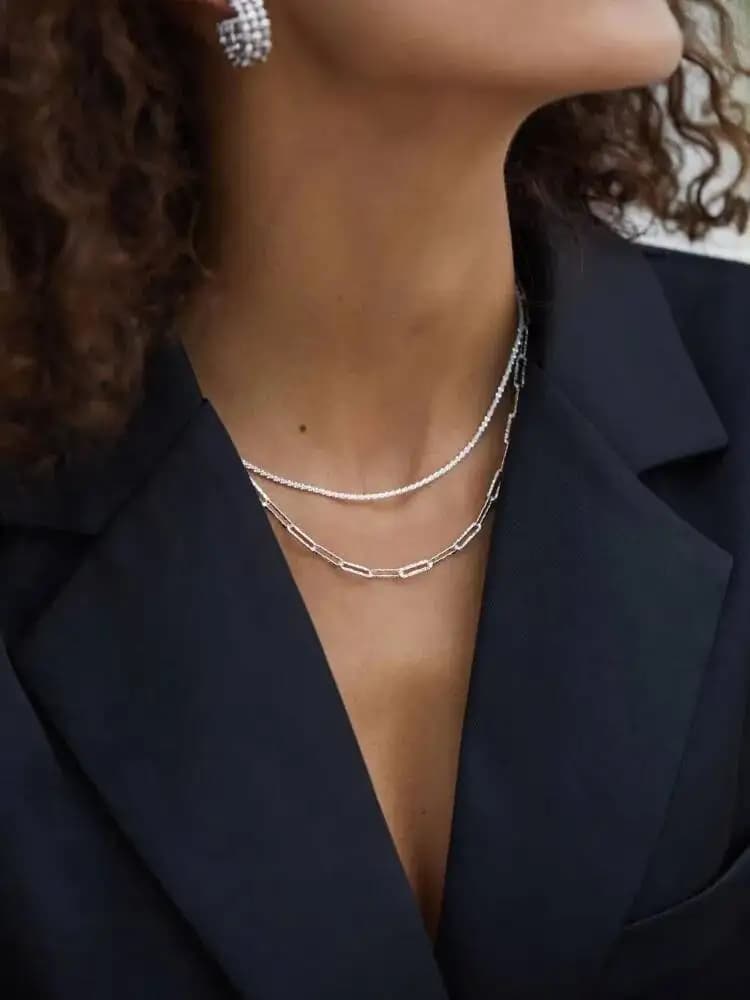 Collier à maillons en argent regardé 925 pour femme, trombone torsadé, tour de cou à paillettes, colliers de la présidence, simple, chic, hip hop, 45cm