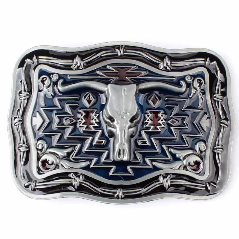 Boucle de ceinture à Long angle pour hommes, Style occidental, cuir de vache, métal lisse, beau motif avec fond rouge et bleu, tête de taureau argentée